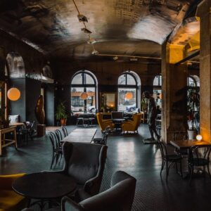 tables and chairs inside building